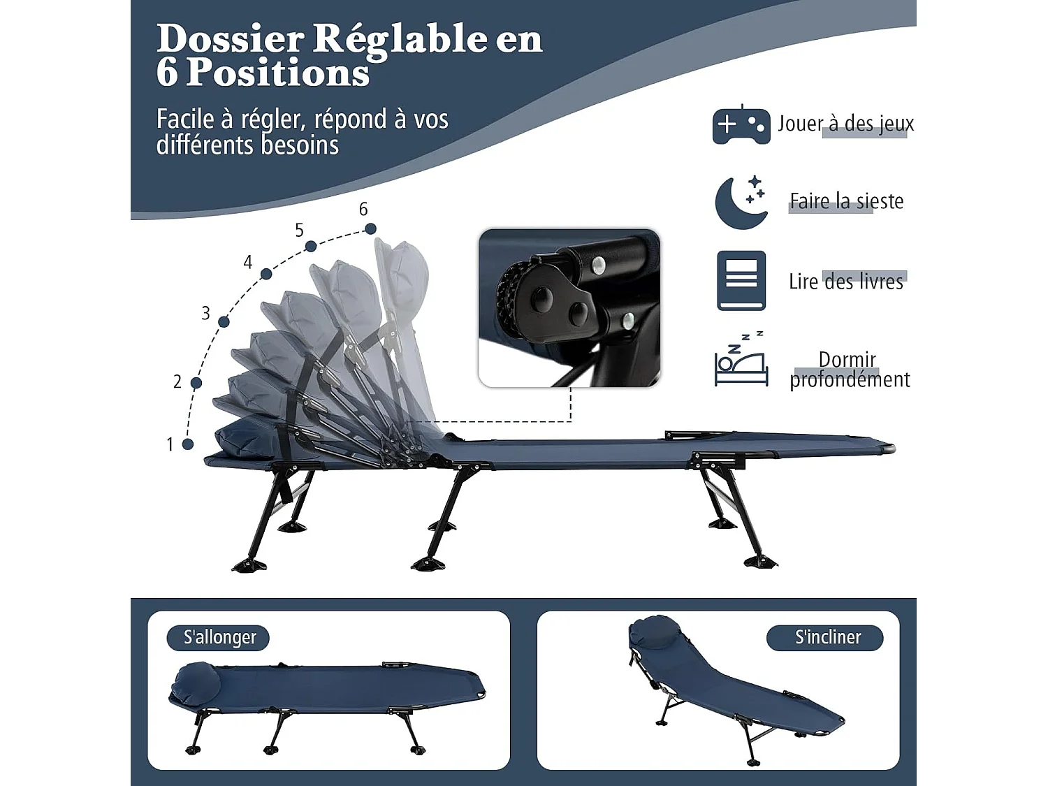 Lit Camping Pliant avec Matelas Détachable, Chaise Longue de Camping avec Dossier Réglable à 6 Positions et Patins de Pied Pivotante à 360°, Charge 200 KG (Bleu)