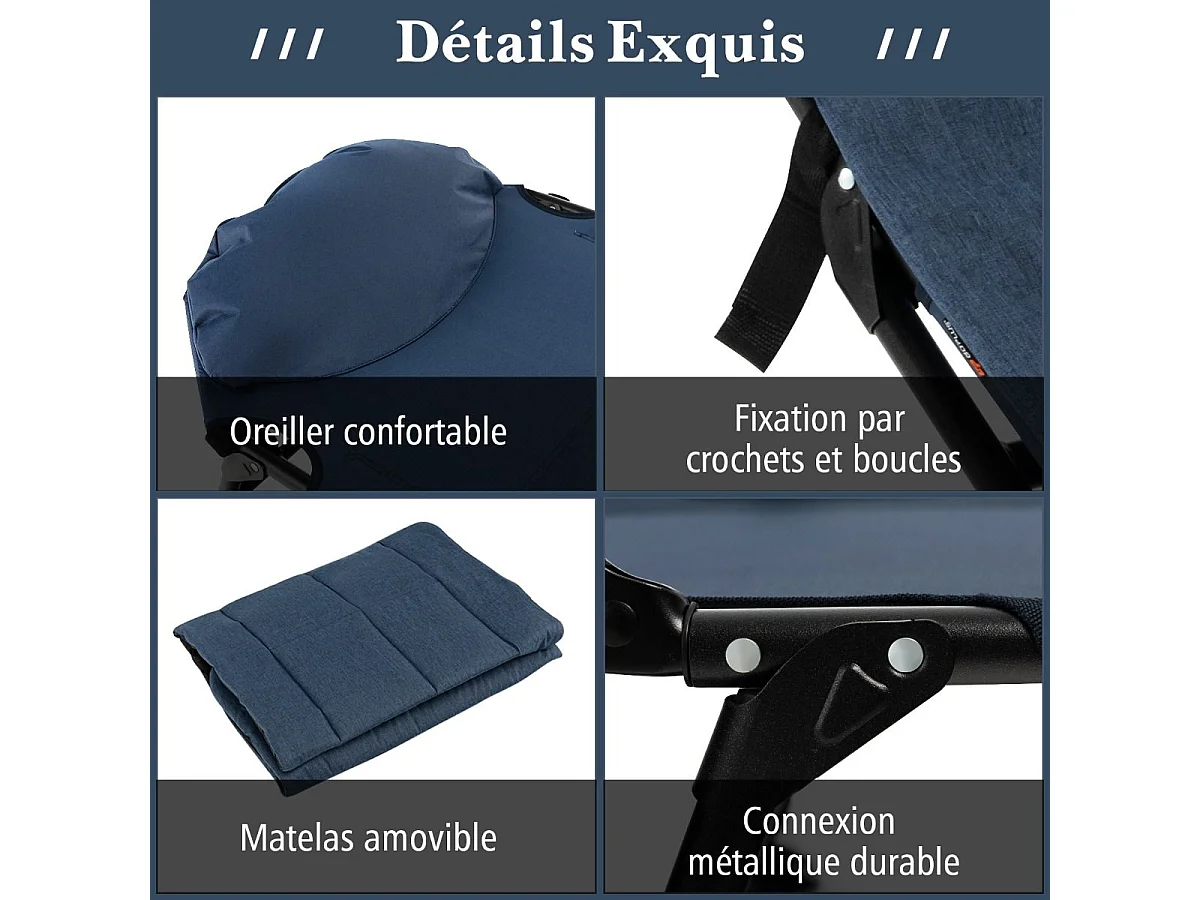 Lit Camping Pliant avec Matelas Détachable, Chaise Longue de Camping avec Dossier Réglable à 6 Positions et Patins de Pied Pivotante à 360°, Charge 200 KG (Bleu)