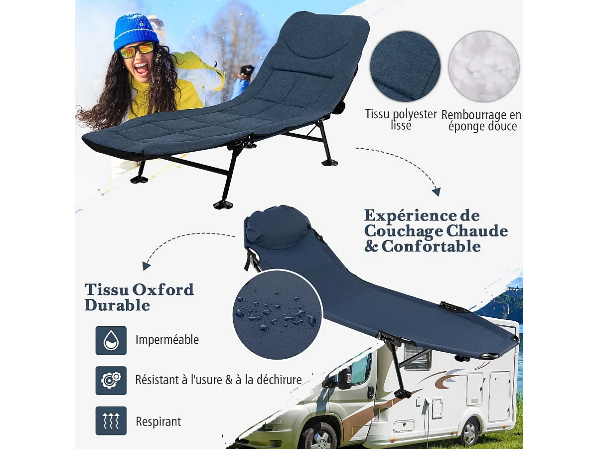 Lit Camping Pliant avec Matelas Détachable, Chaise Longue de Camping avec Dossier Réglable à 6 Positions et Patins de Pied Pivotante à 360°, Charge 200 KG (Bleu)
