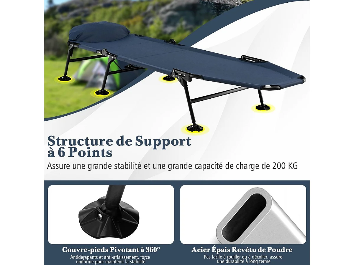 Lit Camping Pliant avec Matelas Détachable, Chaise Longue de Camping avec Dossier Réglable à 6 Positions et Patins de Pied Pivotante à 360°, Charge 200 KG (Bleu)