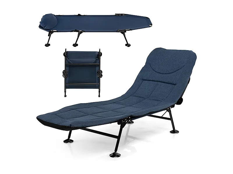 Opvouwbaar kampeerbed met afneembaar matras, kampeerligstoel met in 6 standen verstelbare rugleuning en 360° draaibare voetsteunen, draagvermogen 200 kg (blauw)