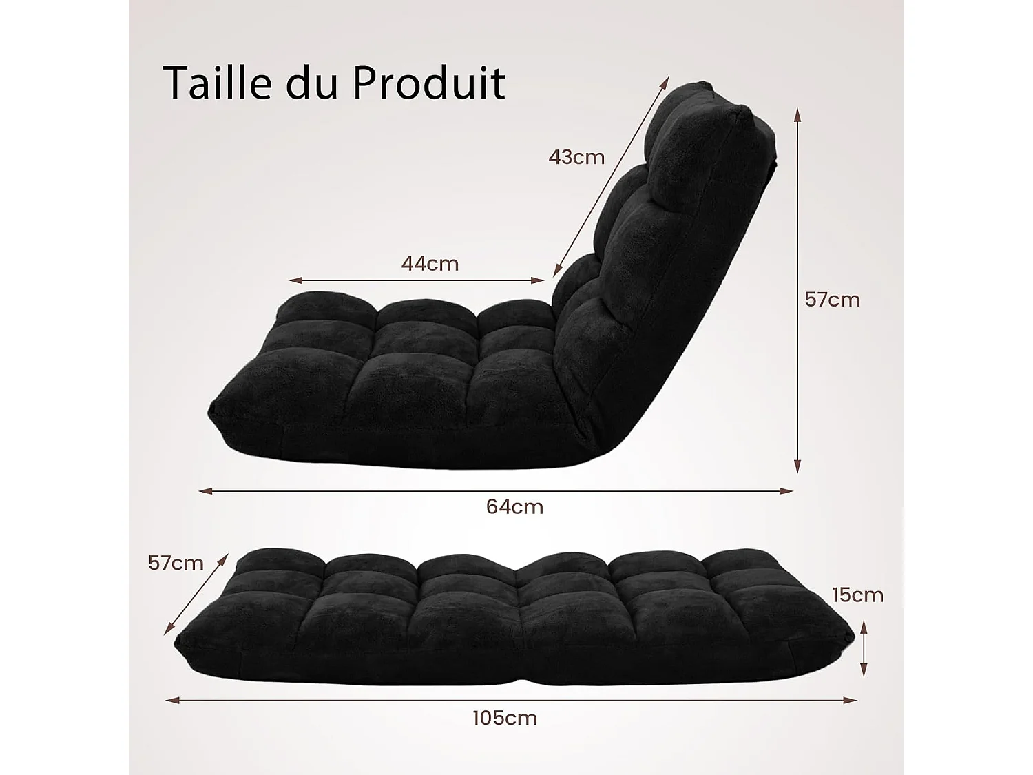 Luie bank Tatami opvouwbare vloerstoel bed stoel kussen vloerzitplaats voor thuis, kantoor 105 x 57 x 15 cm (zwart)