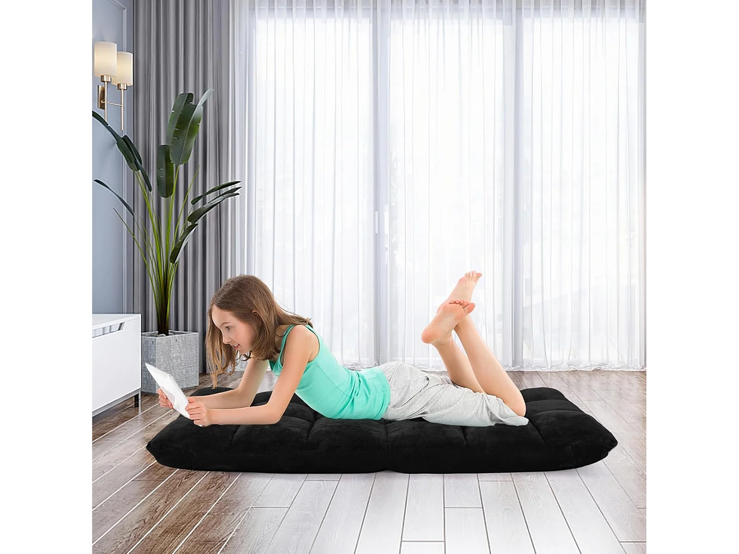 Canapé Paresseux Tatami Pliable Chaise de Plancher Coussin de Chaise de Lit Siège de Sol pour Maison, Bureau 105 x 57 x 15 cm (Noir)
