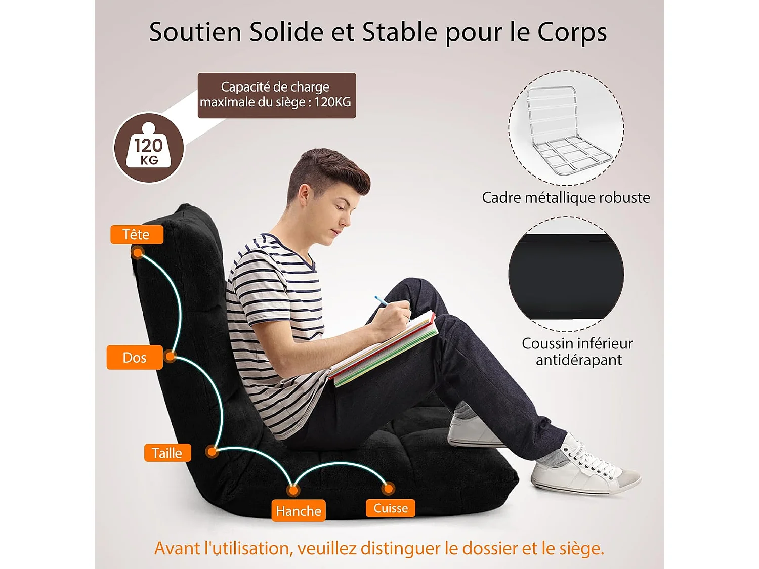 Canapé Paresseux Tatami Pliable Chaise de Plancher Coussin de Chaise de Lit Siège de Sol pour Maison, Bureau 105 x 57 x 15 cm (Noir)