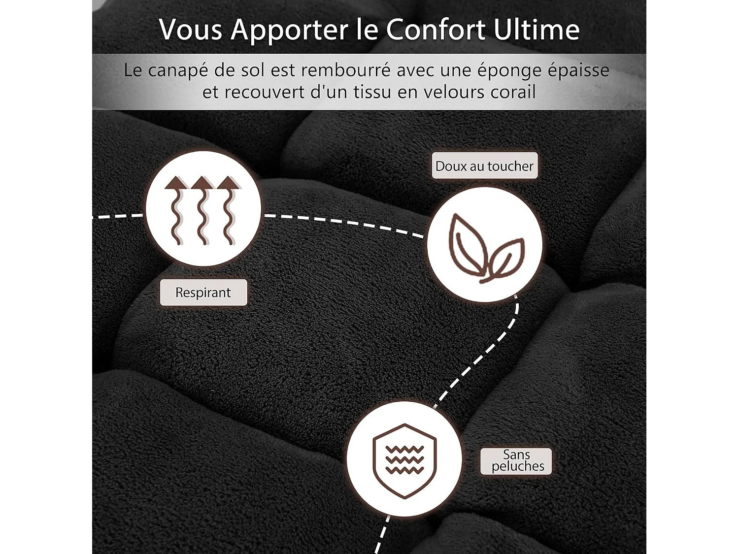 Canapé Paresseux Tatami Pliable Chaise de Plancher Coussin de Chaise de Lit Siège de Sol pour Maison, Bureau 105 x 57 x 15 cm (Noir)