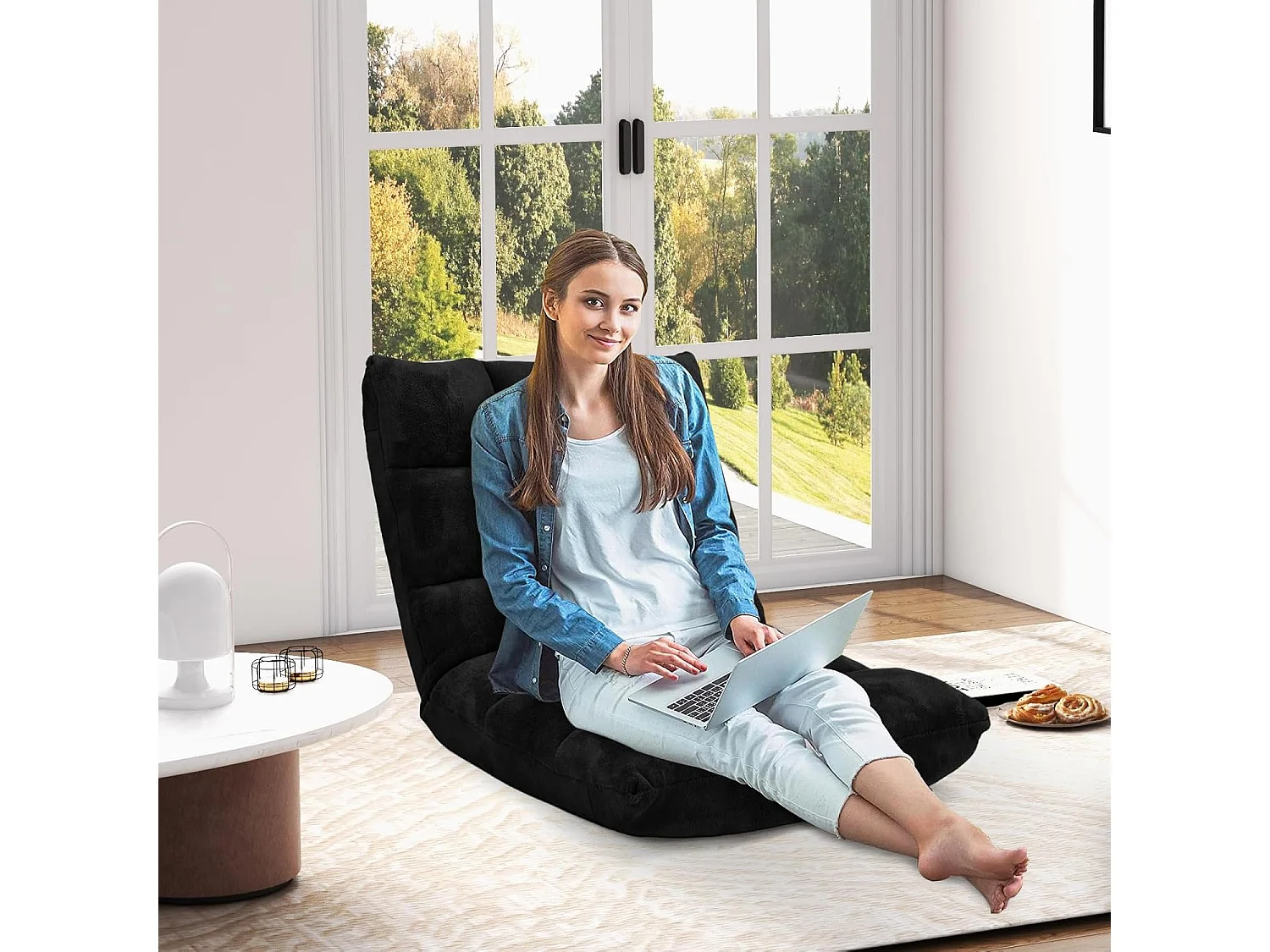 Canapé Paresseux Tatami Pliable Chaise de Plancher Coussin de Chaise de Lit Siège de Sol pour Maison, Bureau 105 x 57 x 15 cm (Noir)