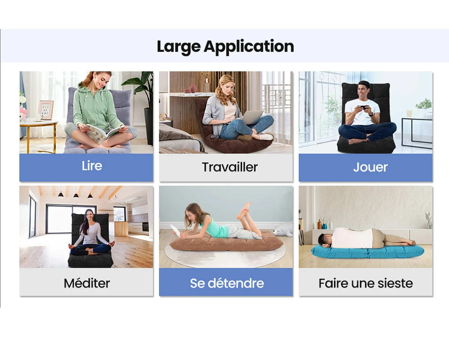 Canapé Paresseux Tatami Pliable Chaise de Plancher Coussin de Chaise de Lit Siège de Sol pour Maison, Bureau 105 x 57 x 15 cm (Noir)