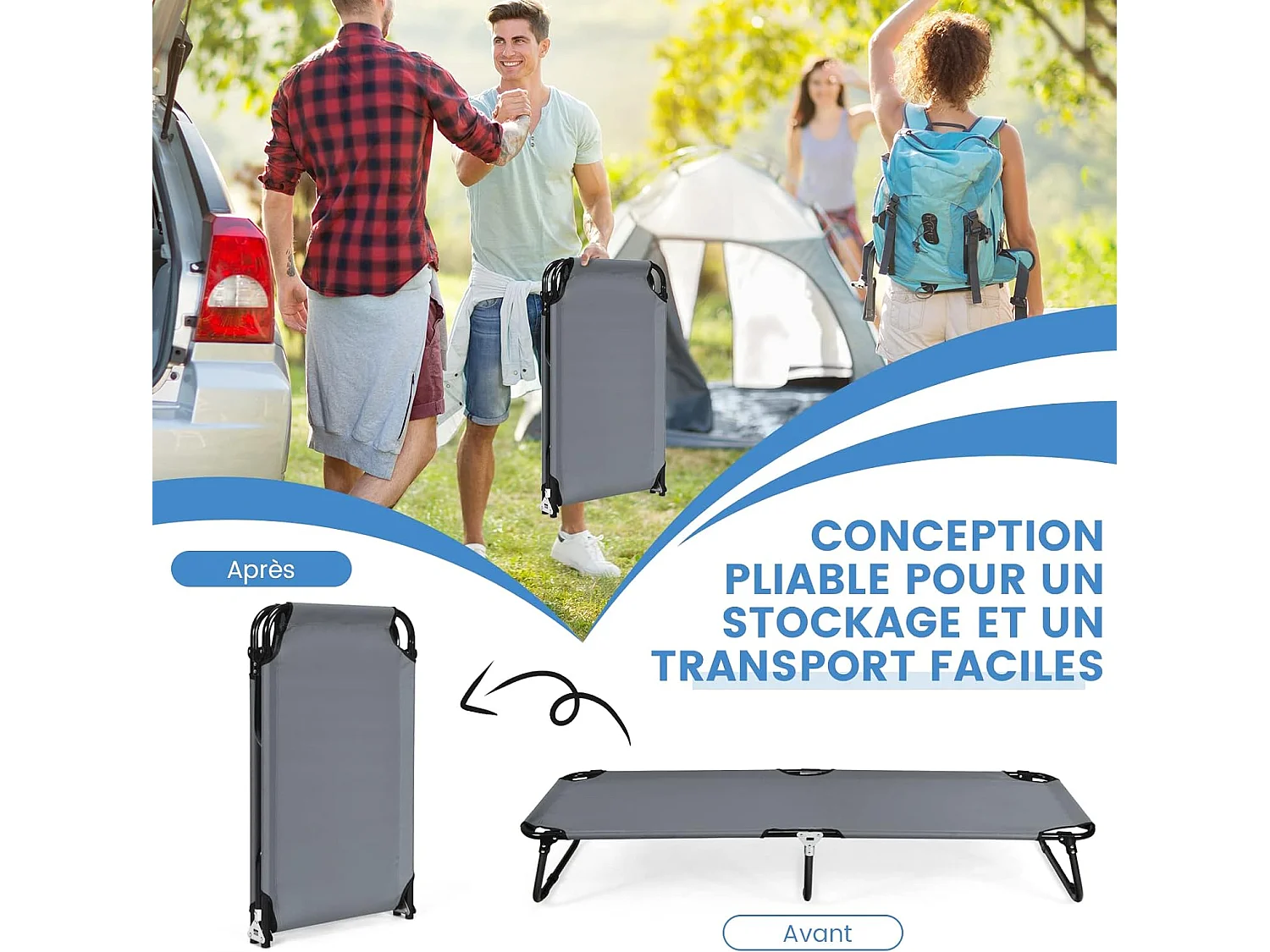 Lit de Camping Pliable en Tissu et velours Oxford avec Tubes Métalliques Épaissis, Compatible Sac de Couchage, 190x56x30 cm,Gris, 150kg