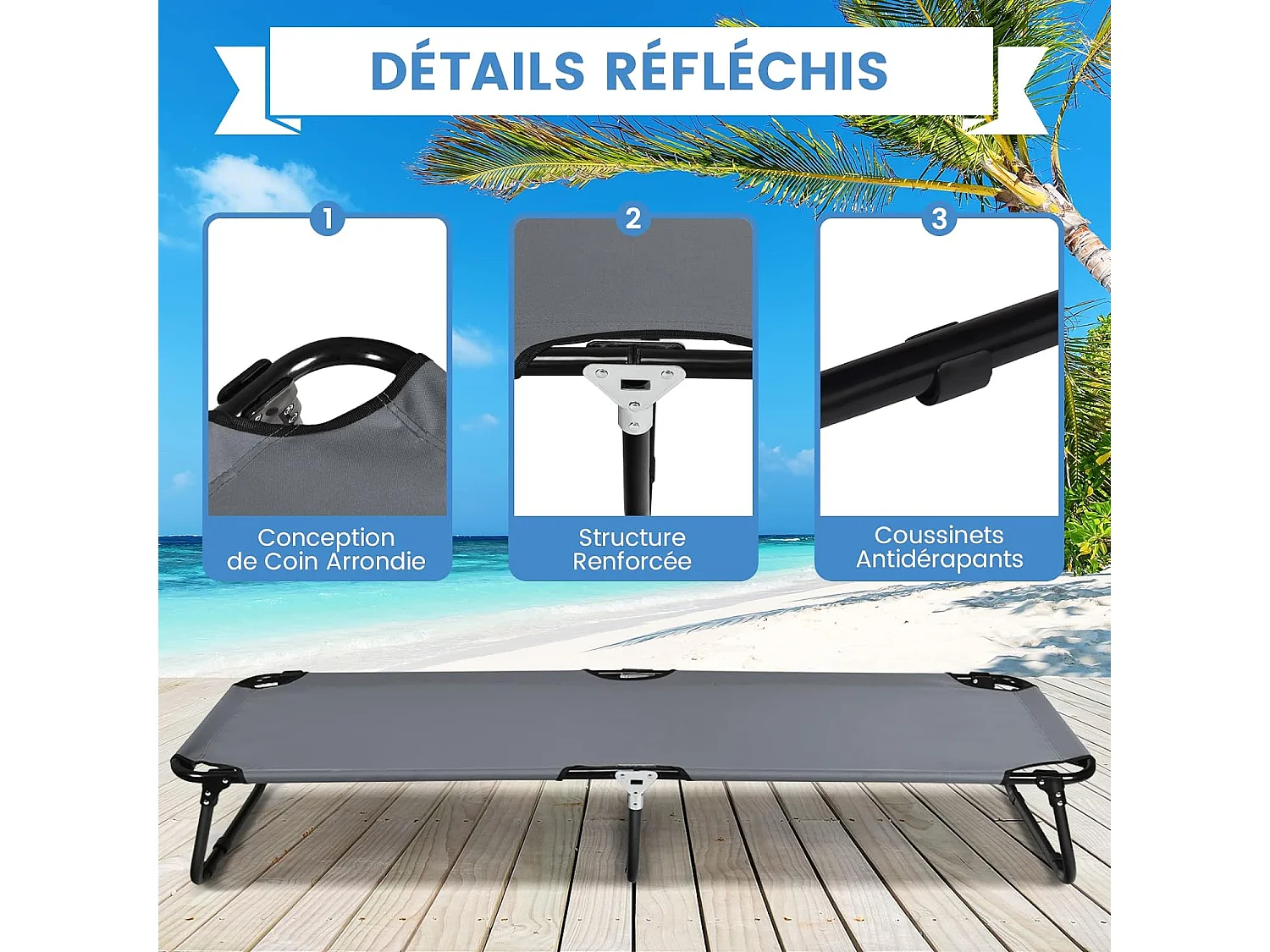 Lit de Camping Pliable en Tissu et velours Oxford avec Tubes Métalliques Épaissis, Compatible Sac de Couchage, 190x56x30 cm,Gris, 150kg