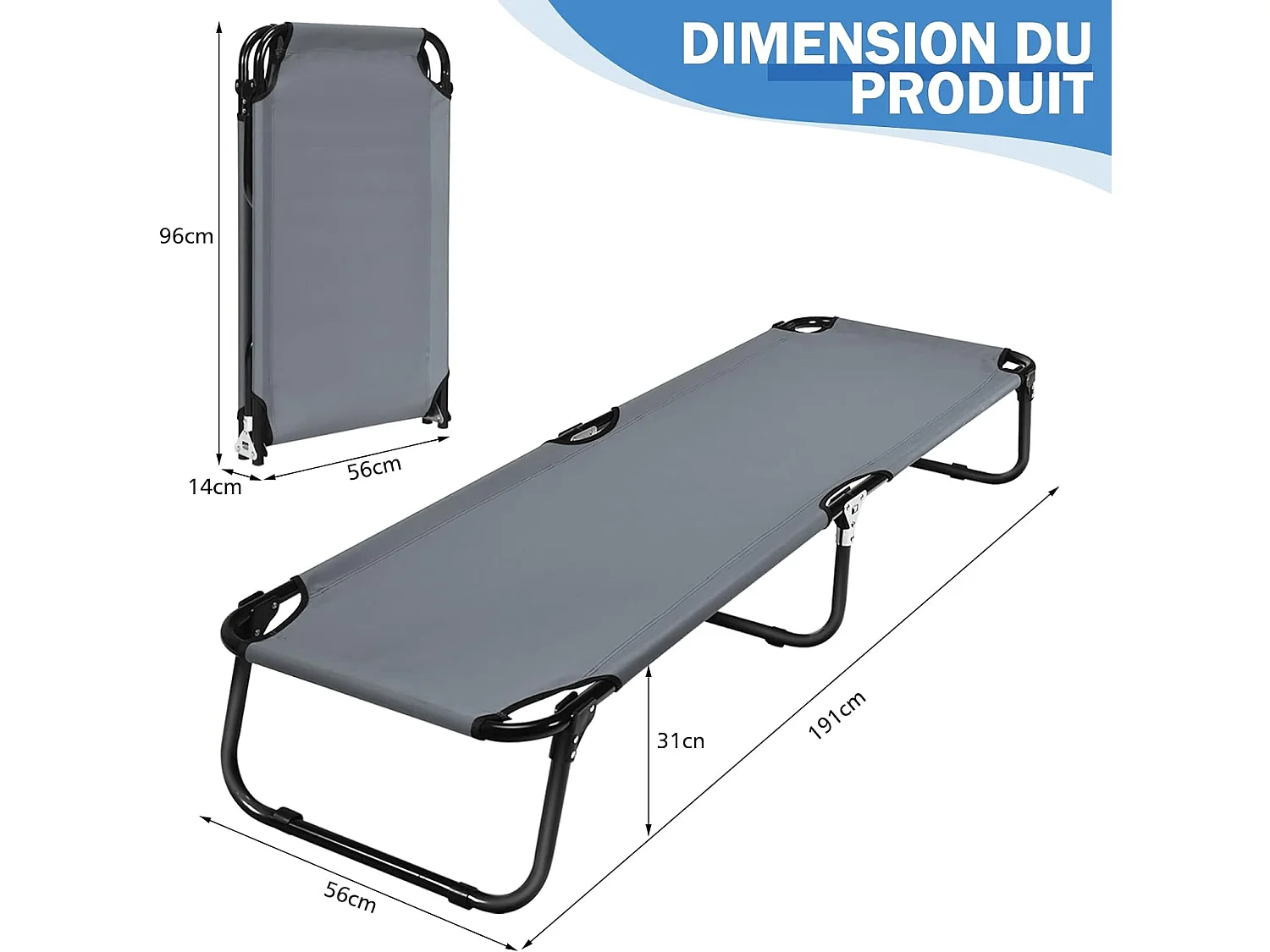 Lit de Camping Pliable en Tissu et velours Oxford avec Tubes Métalliques Épaissis, Compatible Sac de Couchage, 190x56x30 cm,Gris, 150kg