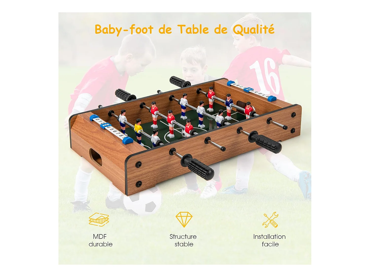 Baby-Foot en Bois avec Poignée Durable, Table de Jeu avec 2 Ballons, Coins Arrondis, Jouets pour Adulte et Enfant pour Fête, Bar, Salle de Jeux, 51 x 30,5 x 9 cm