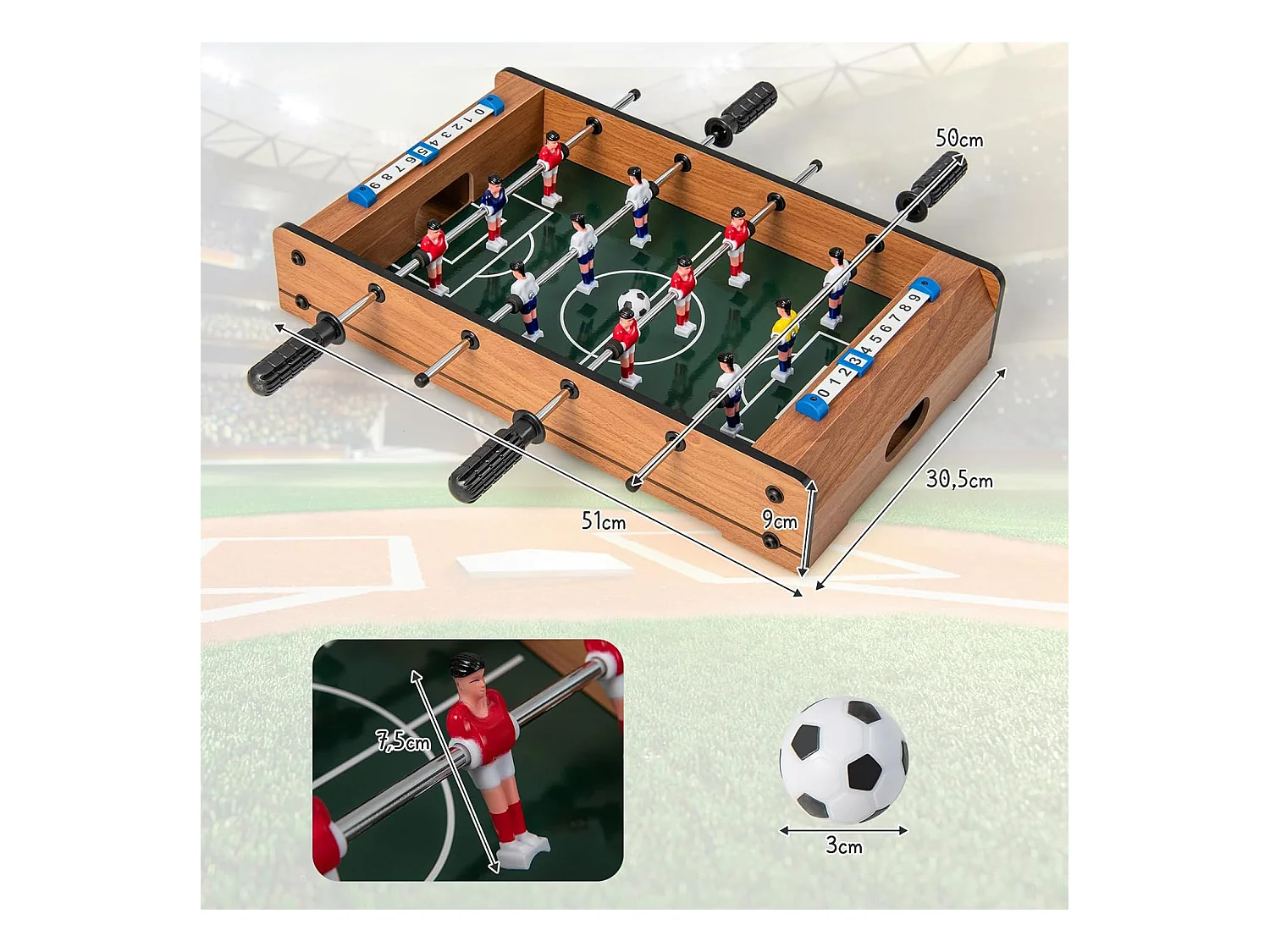 Baby-Foot en Bois avec Poignée Durable, Table de Jeu avec 2 Ballons, Coins Arrondis, Jouets pour Adulte et Enfant pour Fête, Bar, Salle de Jeux, 51 x 30,5 x 9 cm