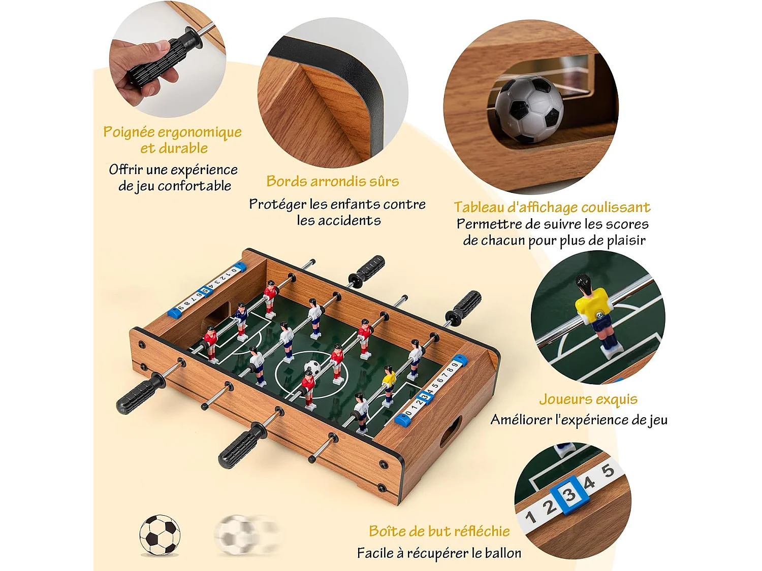Baby-Foot en Bois avec Poignée Durable, Table de Jeu avec 2 Ballons, Coins Arrondis, Jouets pour Adulte et Enfant pour Fête, Bar, Salle de Jeux, 51 x 30,5 x 9 cm