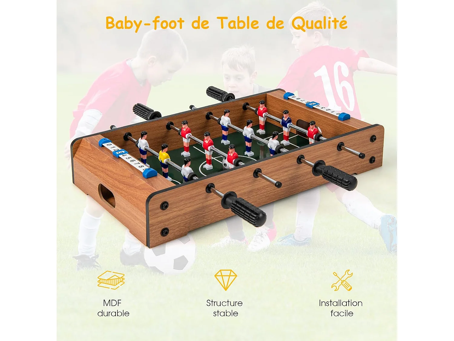 Baby-Foot en Bois avec Poignée Durable, Table de Jeu avec 2 Ballons, Coins Arrondis, Jouets pour Adulte et Enfant pour Fête, Bar, Salle de Jeux, 51 x 30,5 x 9 cm