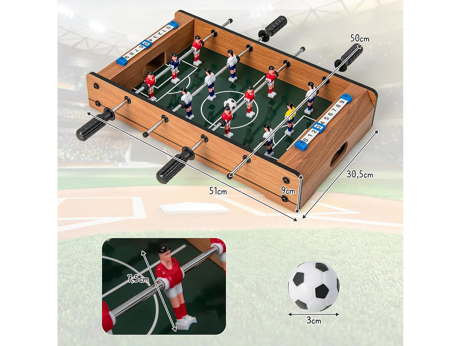 Baby-Foot en Bois avec Poignée Durable, Table de Jeu avec 2 Ballons, Coins Arrondis, Jouets pour Adulte et Enfant pour Fête, Bar, Salle de Jeux, 51 x 30,5 x 9 cm