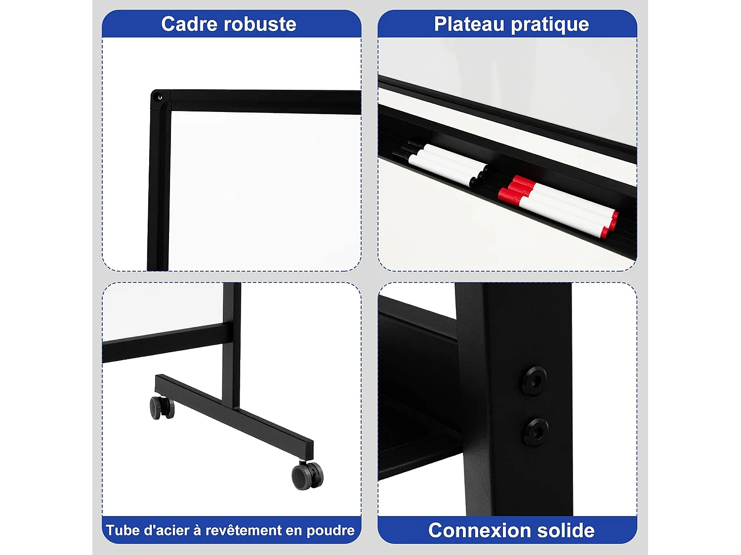 Tableau Blanc Magnétique 120x60cm Double Face Réversible 360° Mobile 2 Hauteur Effaçable à Sec 12 Aimants 6 Marqueurs Noir