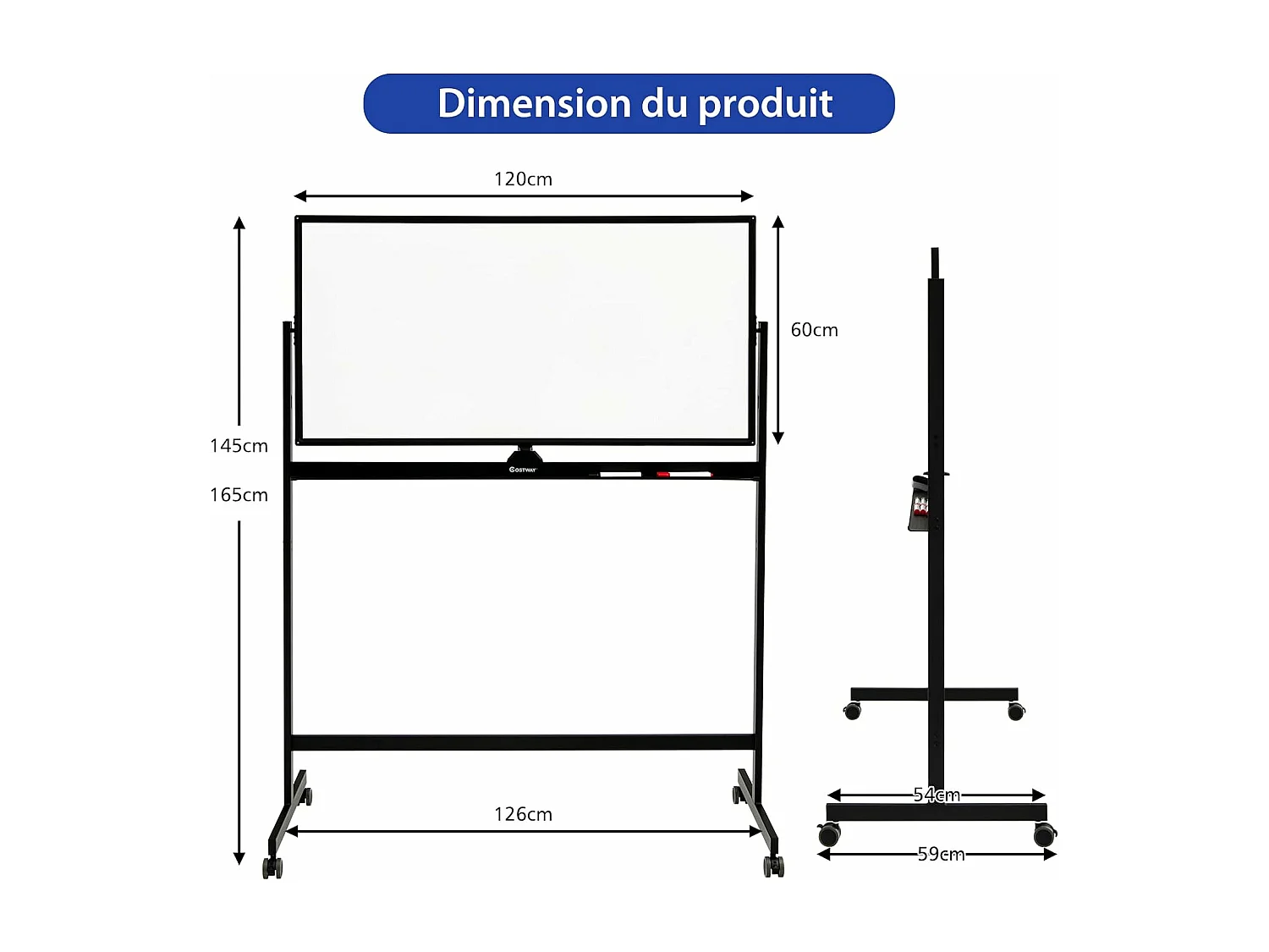 Tableau Blanc Magnétique 120x60cm Double Face Réversible 360° Mobile 2 Hauteur Effaçable à Sec 12 Aimants 6 Marqueurs Noir