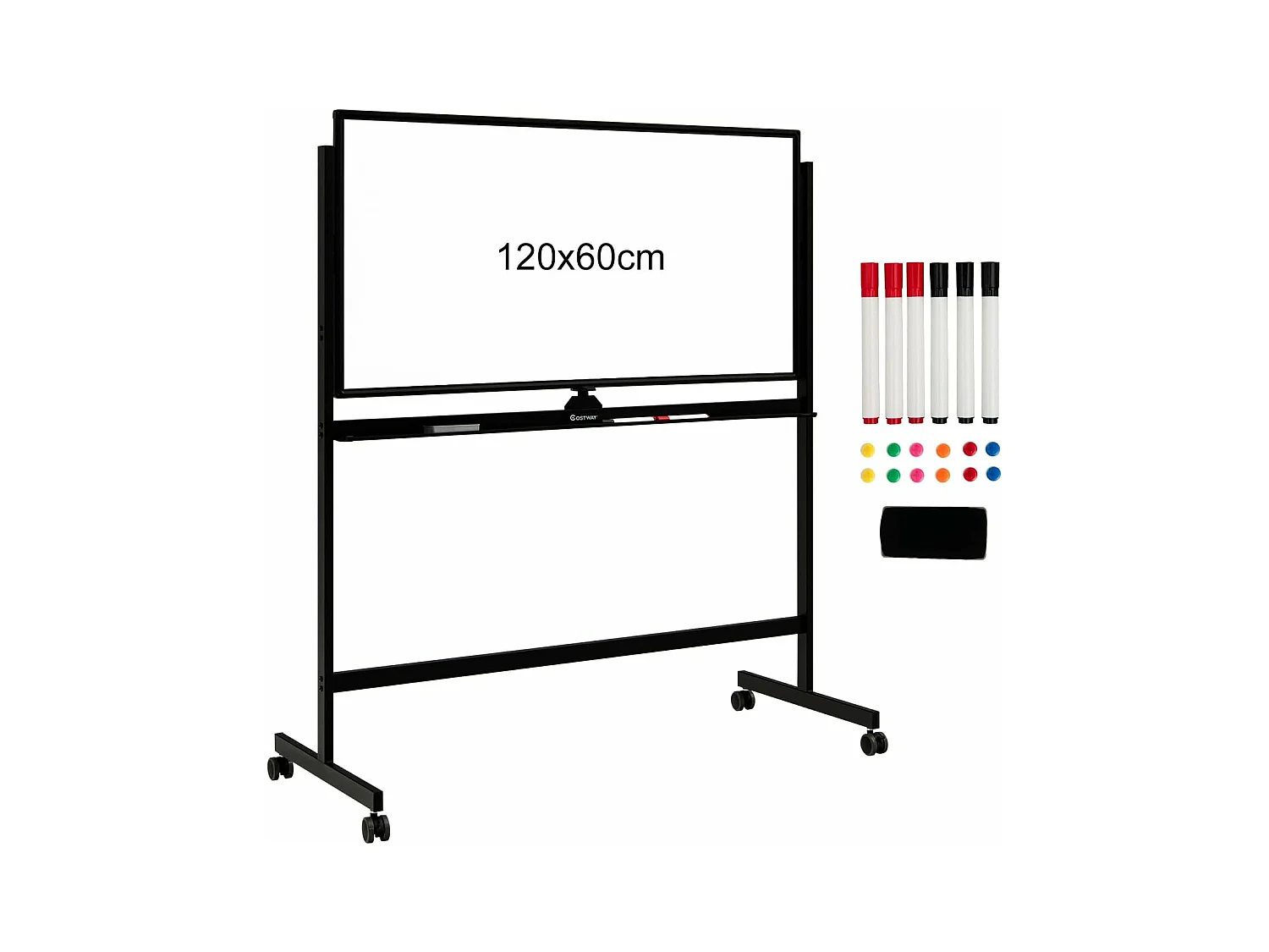 Tableau Blanc Magnétique 120x60cm Double Face Réversible 360° Mobile 2 Hauteur Effaçable à Sec 12 Aimants 6 Marqueurs Noir