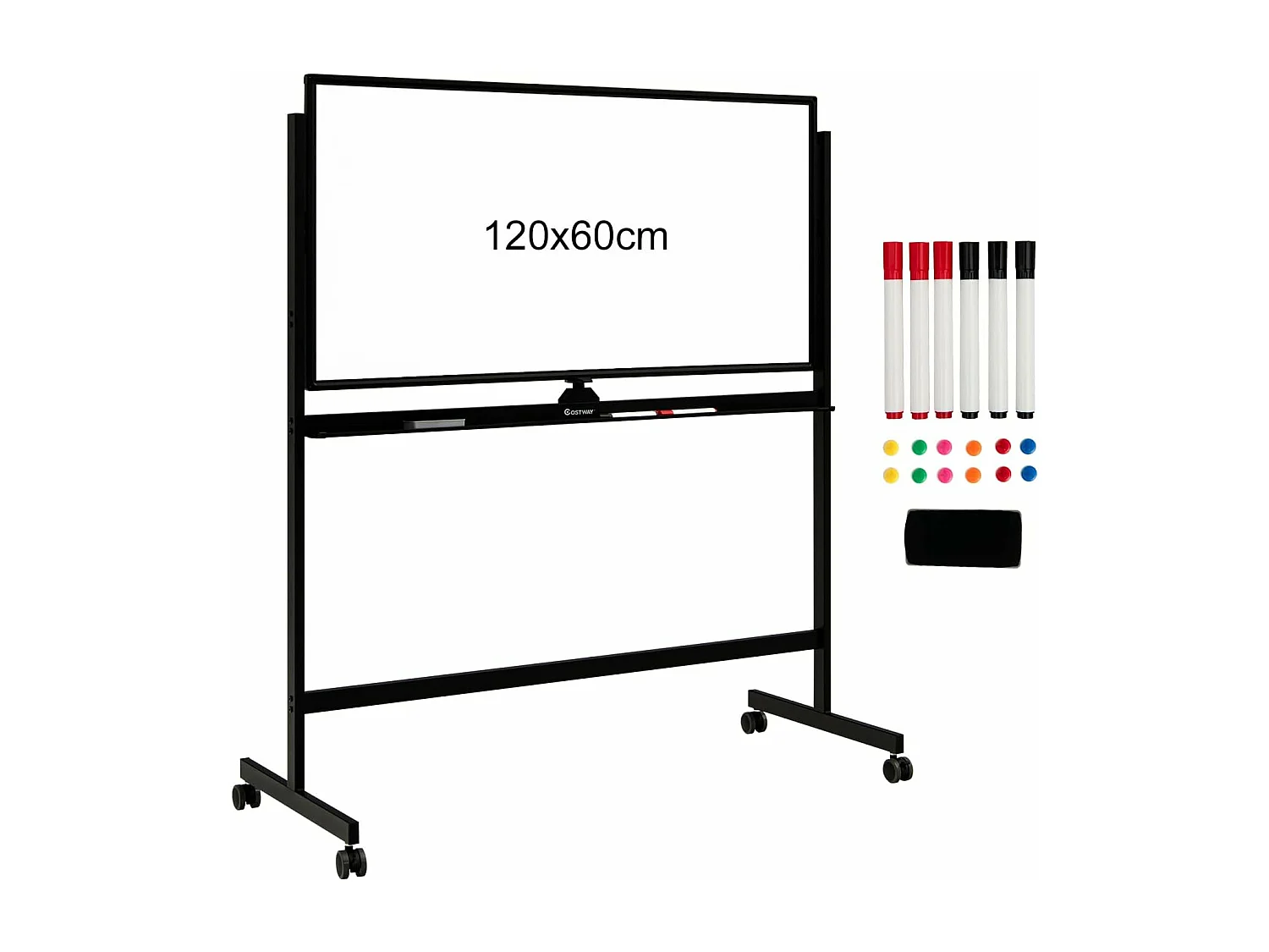 Tableau Blanc Magnétique 120x60cm Double Face Réversible 360° Mobile 2 Hauteur Effaçable à Sec 12 Aimants 6 Marqueurs Noir
