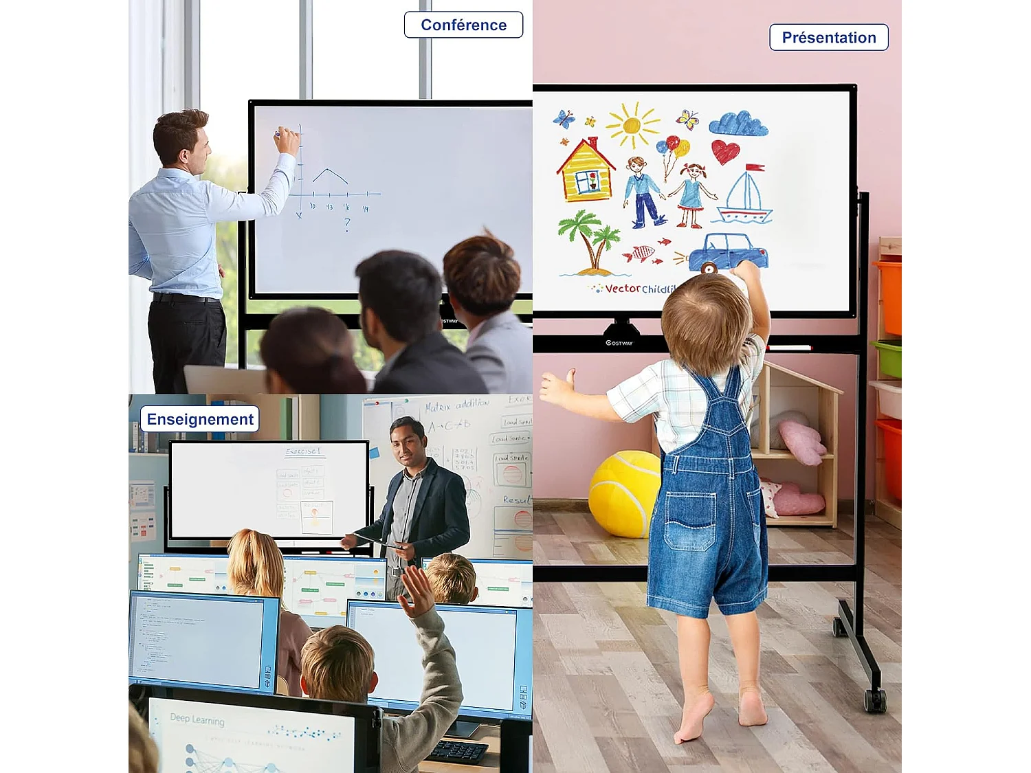 Tableau Blanc Magnétique 120x60cm Double Face Réversible 360° Mobile 2 Hauteur Effaçable à Sec 12 Aimants 6 Marqueurs Noir