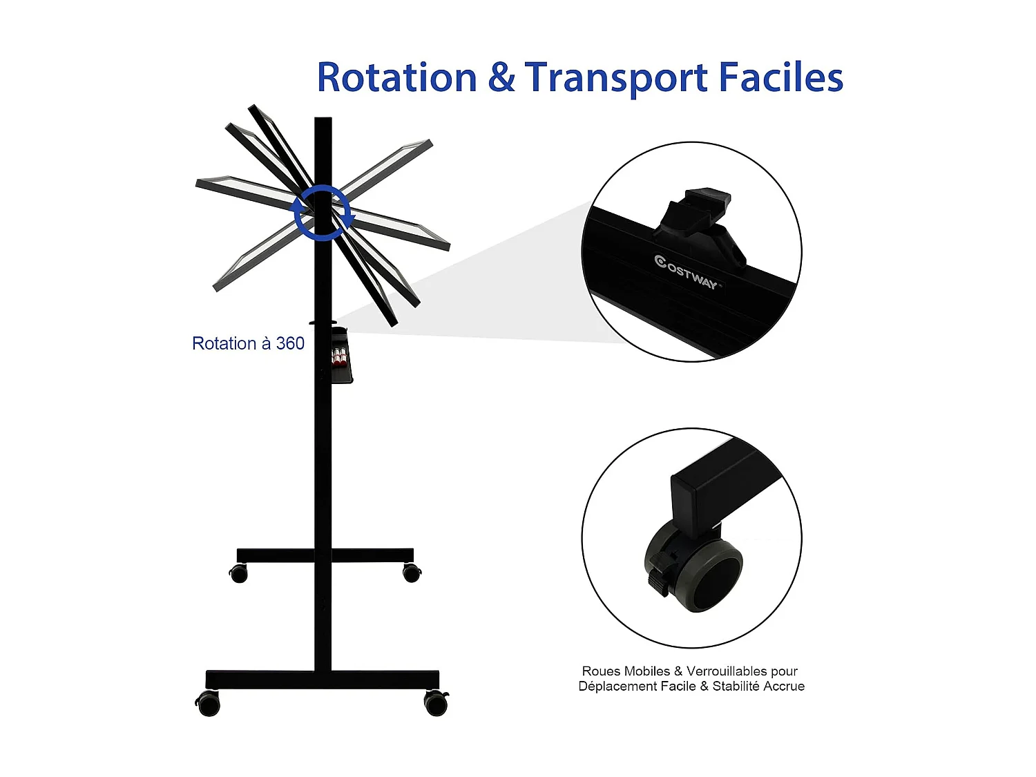 Tableau Blanc Magnétique 120x60cm Double Face Réversible 360° Mobile 2 Hauteur Effaçable à Sec 12 Aimants 6 Marqueurs Noir
