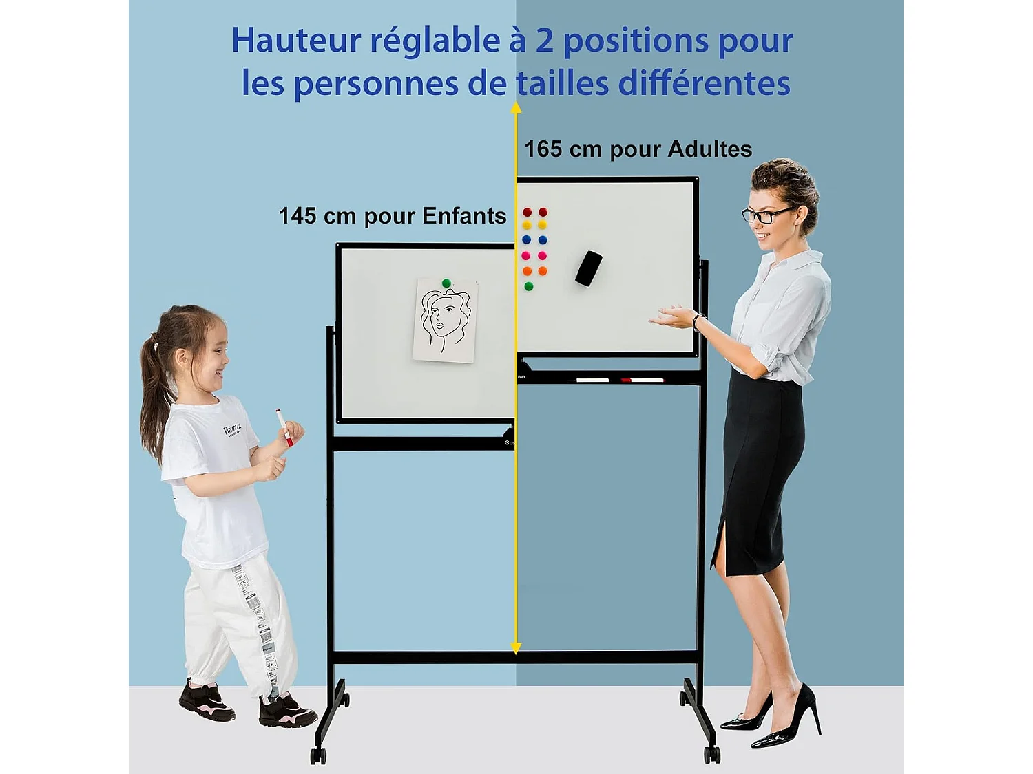 Tableau Blanc Magnétique 120x60cm Double Face Réversible 360° Mobile 2 Hauteur Effaçable à Sec 12 Aimants 6 Marqueurs Blanc