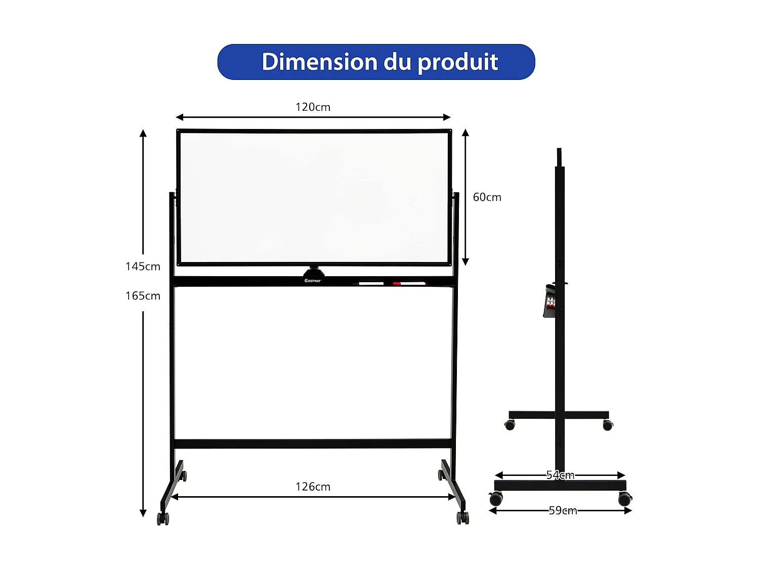 Tableau Blanc Magnétique 120x60cm Double Face Réversible 360° Mobile 2 Hauteur Effaçable à Sec 12 Aimants 6 Marqueurs Blanc