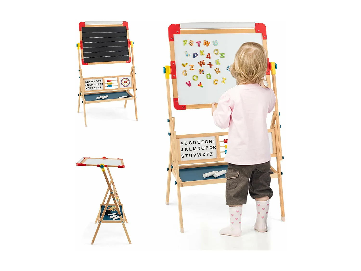 Chevalet d’Art Enfant Double Face avec Planche à Dessin Rotatif, Horloge et Alphabet, Boulier Educatif, Rouleau de Papier pour Enfants de 3+ Ans