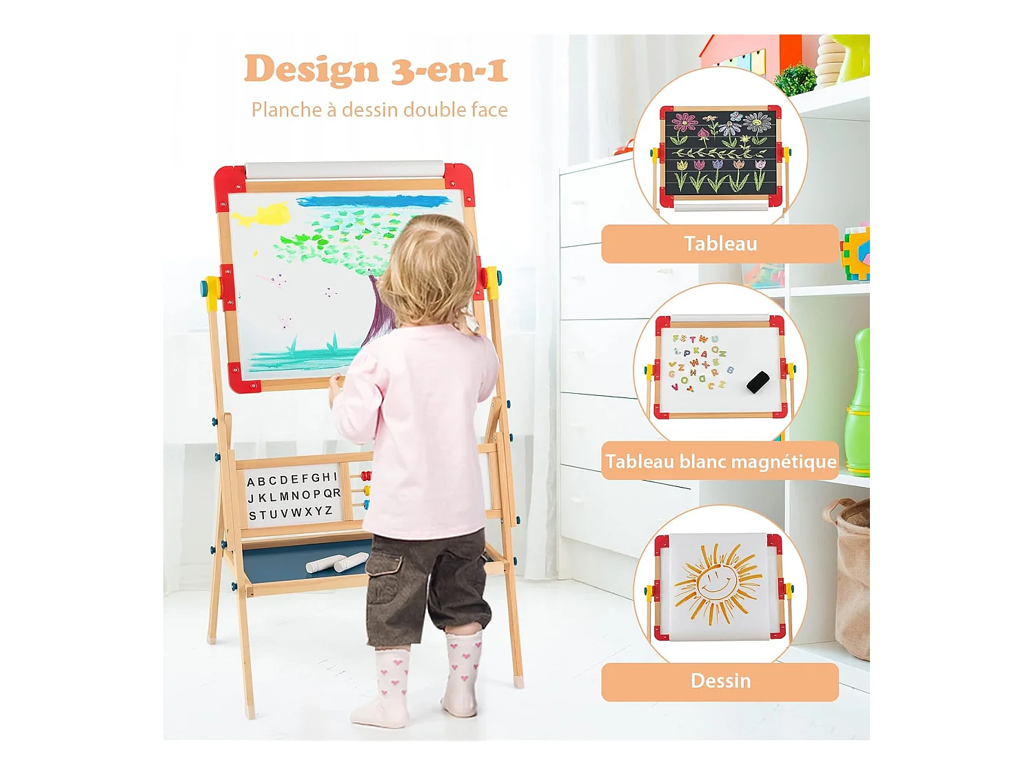 Chevalet d’Art Enfant Double Face avec Planche à Dessin Rotatif, Horloge et Alphabet, Boulier Educatif, Rouleau de Papier pour Enfants de 3+ Ans