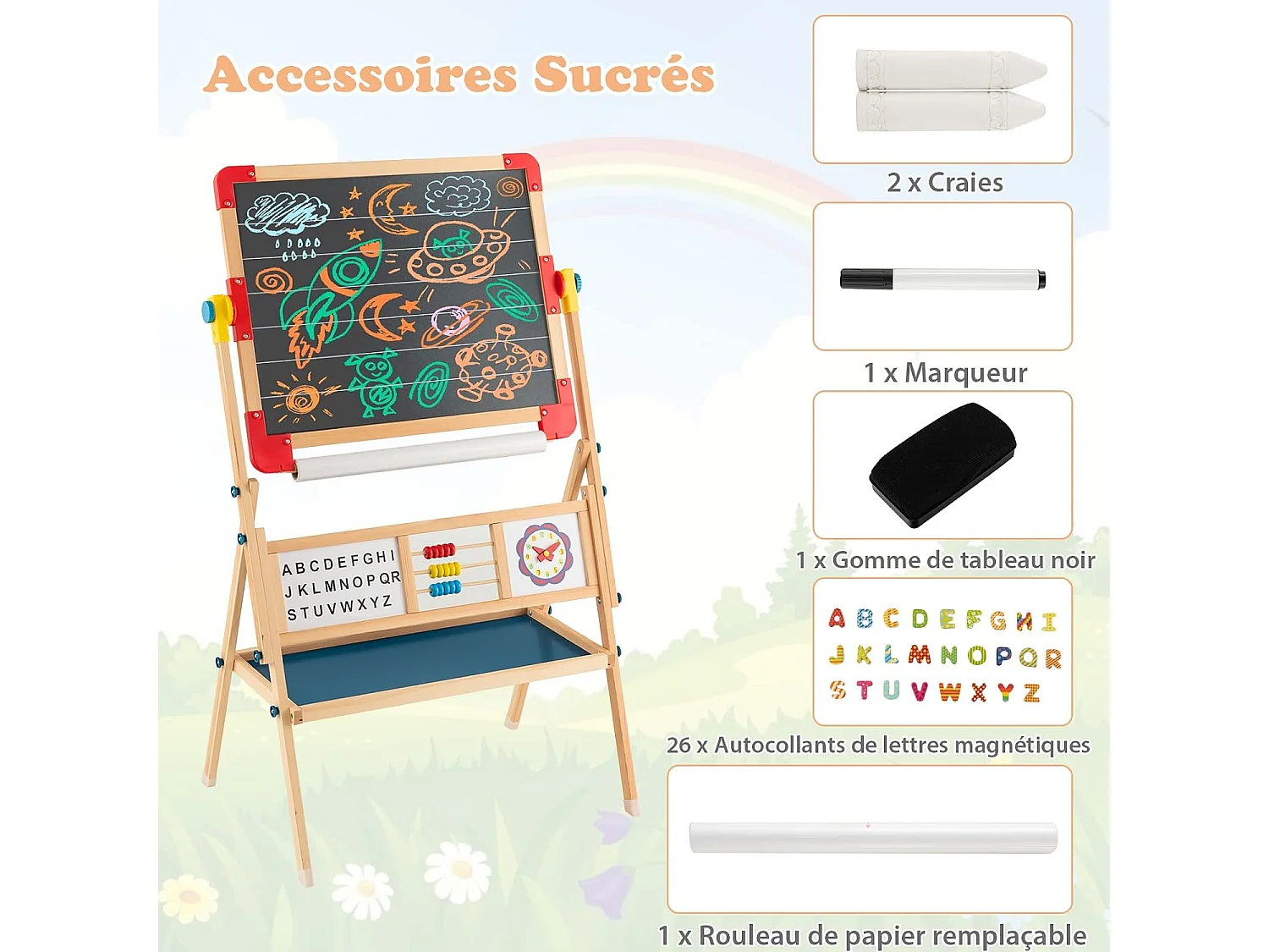 Chevalet d’Art Enfant Double Face avec Planche à Dessin Rotatif, Horloge et Alphabet, Boulier Educatif, Rouleau de Papier pour Enfants de 3+ Ans