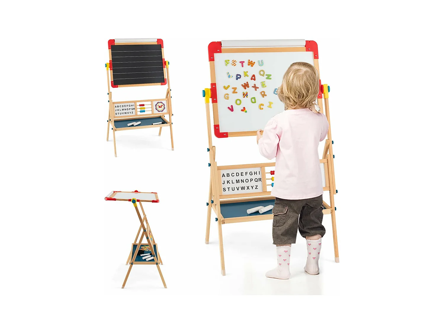 Chevalet d’Art Enfant Double Face avec Planche à Dessin Rotatif, Horloge et Alphabet, Boulier Educatif, Rouleau de Papier pour Enfants de 3+ Ans