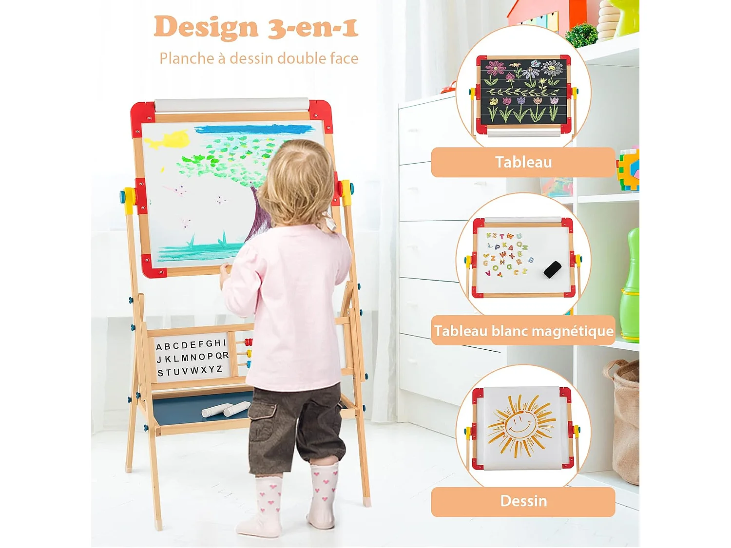 Chevalet d’Art Enfant Double Face avec Planche à Dessin Rotatif, Horloge et Alphabet, Boulier Educatif, Rouleau de Papier pour Enfants de 3+ Ans