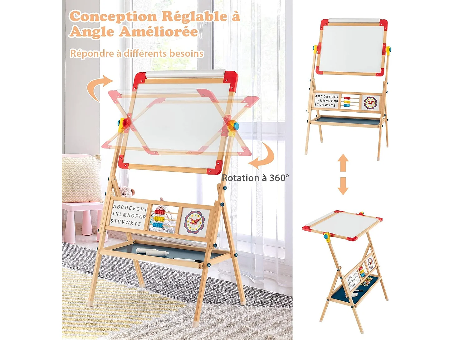 Chevalet d’Art Enfant Double Face avec Planche à Dessin Rotatif, Horloge et Alphabet, Boulier Educatif, Rouleau de Papier pour Enfants de 3+ Ans