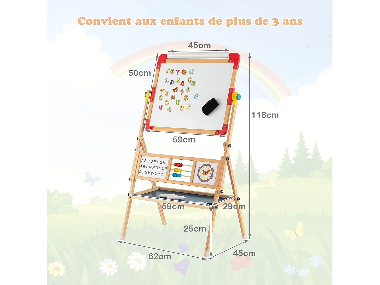 Chevalet d’Art Enfant Double Face avec Planche à Dessin Rotatif, Horloge et Alphabet, Boulier Educatif, Rouleau de Papier pour Enfants de 3+ Ans