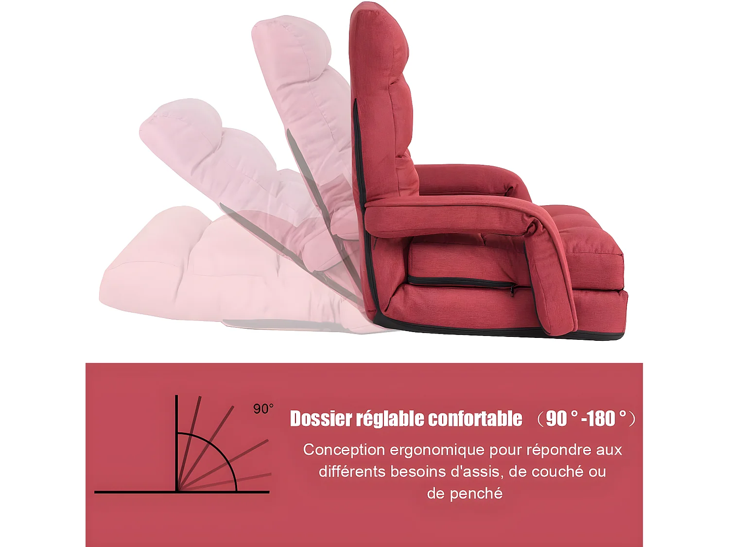 Fauteuil Convertible, Chauffeuse Convertible 1 Place en Tissu et veloursGris avec Oreiller,5 Positions Disponibles Rouge