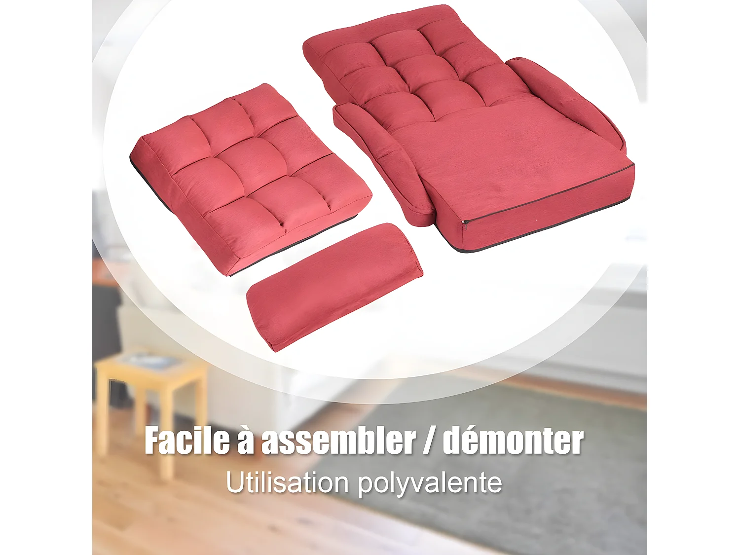 Fauteuil Convertible, Chauffeuse Convertible 1 Place en Tissu et veloursGris avec Oreiller,5 Positions Disponibles Rouge