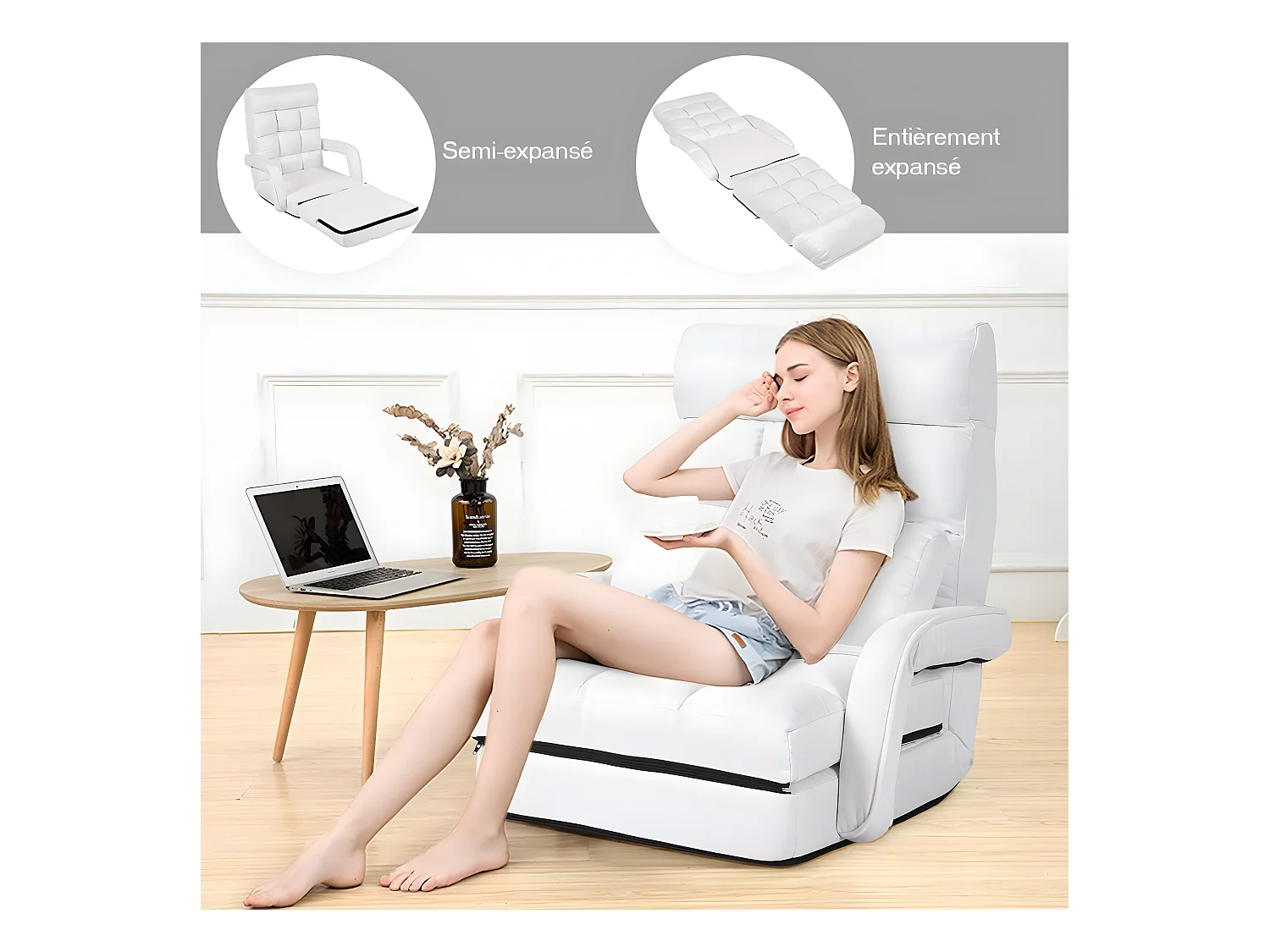 Fauteuil Convertible, Chauffeuse Convertible 1 Place en Tissu et veloursGris avec Oreiller,5 Positions Disponibles Blanc