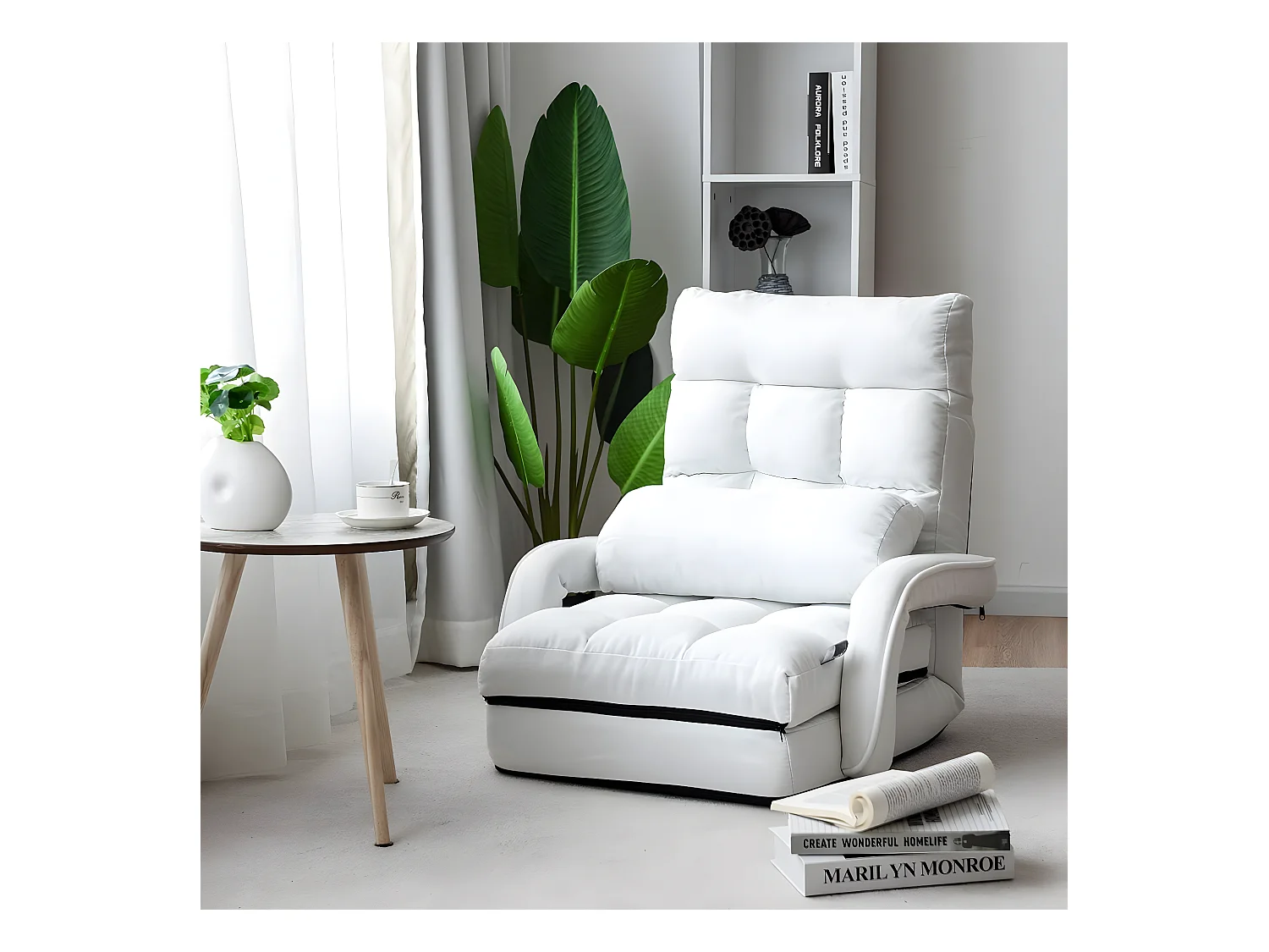 Fauteuil Convertible, Chauffeuse Convertible 1 Place en Tissu et veloursGris avec Oreiller,5 Positions Disponibles Blanc