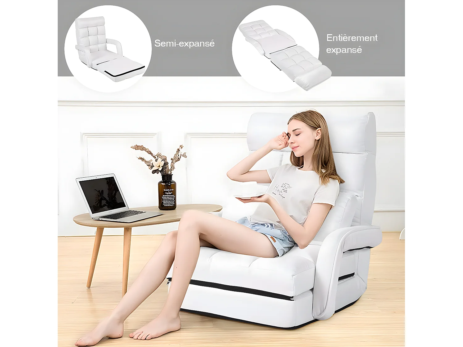 Fauteuil Convertible, Chauffeuse Convertible 1 Place en Tissu et veloursGris avec Oreiller,5 Positions Disponibles Blanc