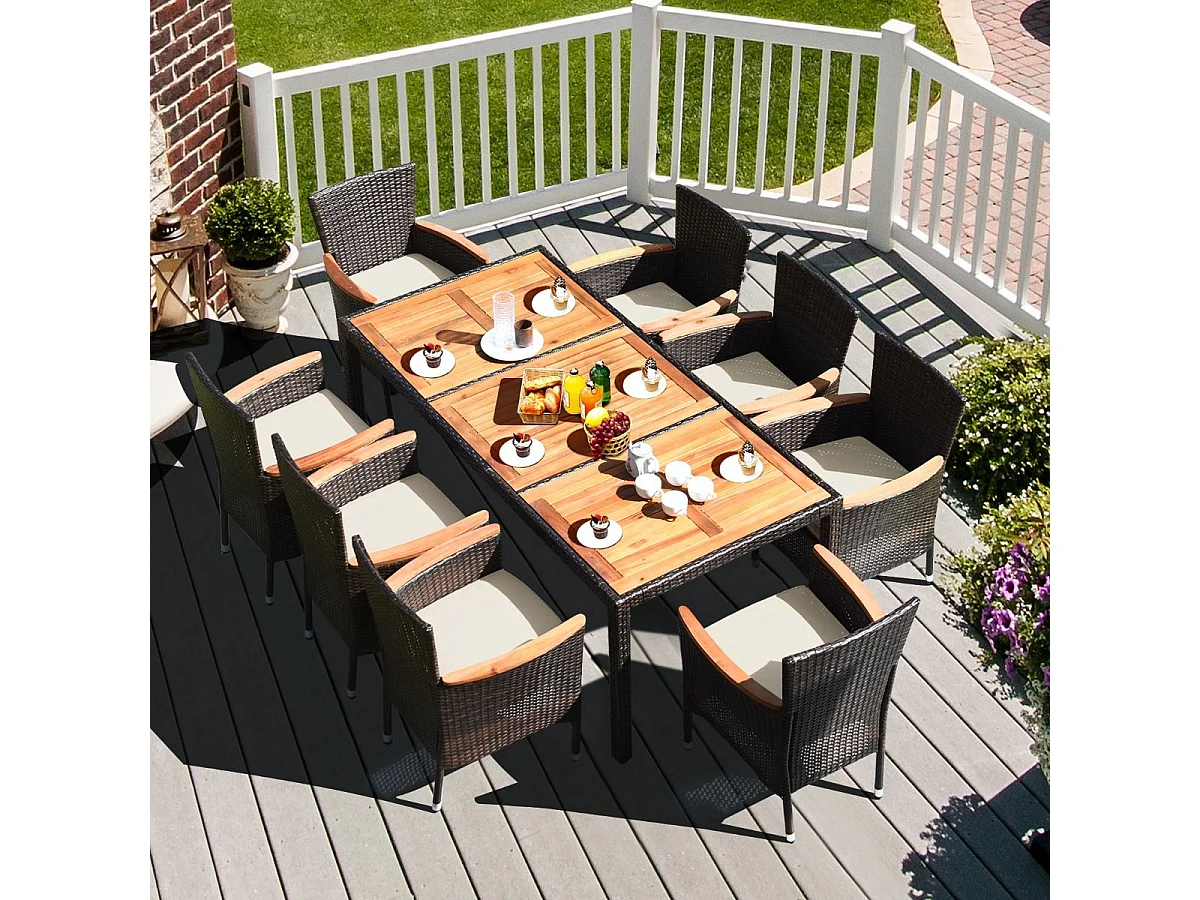 Salon de Jardin en Rotin et fibre naturelle 9 Pièces pour 8 Personnes Plateau de Table en Acacia, Ensemble de Salle à Manger de Patio, Chaque Chaise Charge 180KG