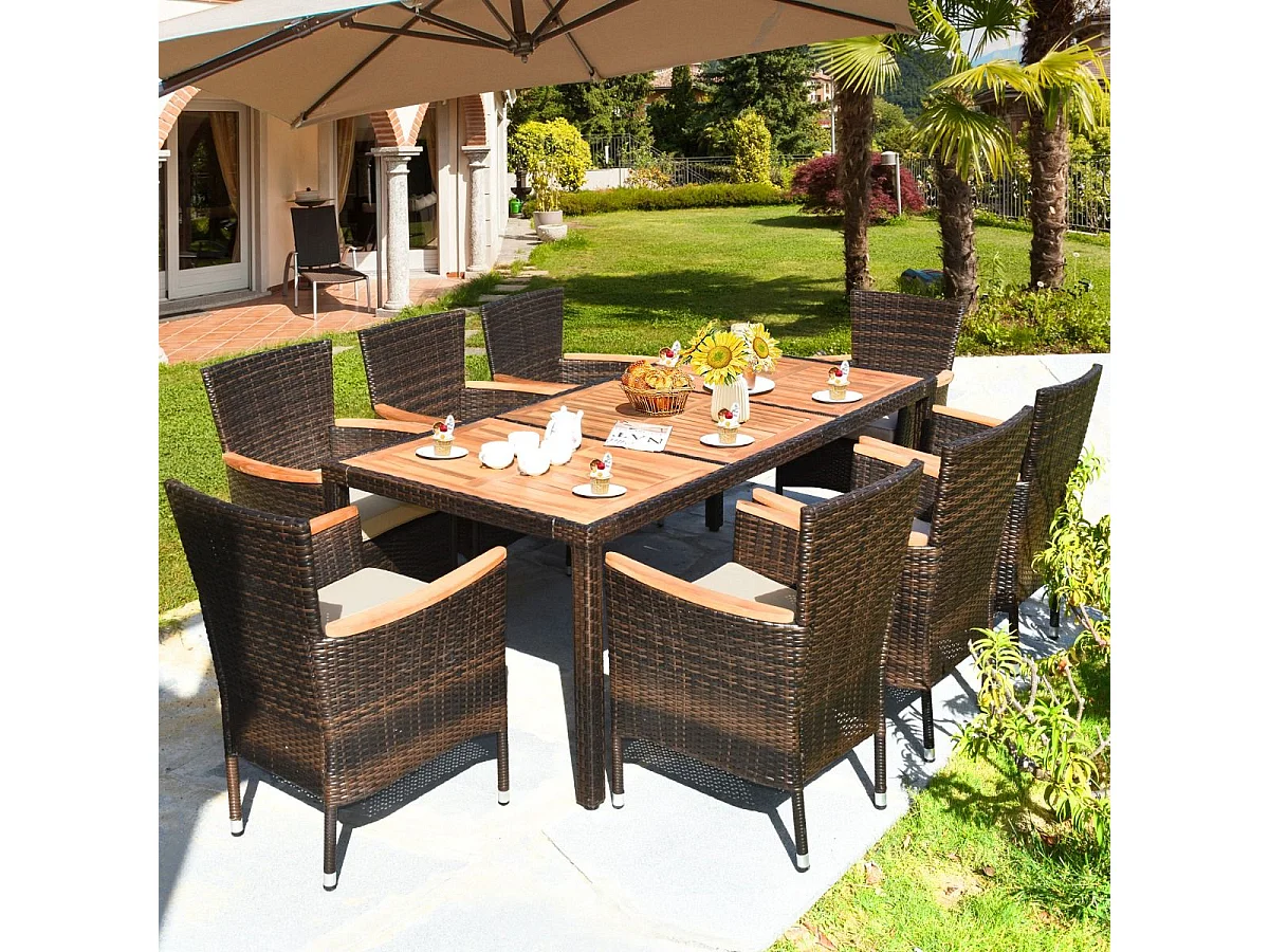 Salon de Jardin en Rotin et fibre naturelle 9 Pièces pour 8 Personnes Plateau de Table en Acacia, Ensemble de Salle à Manger de Patio, Chaque Chaise Charge 180KG