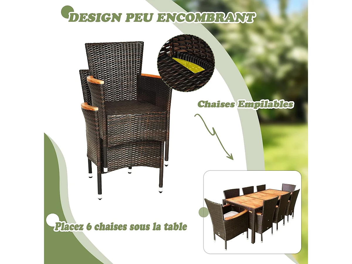 Salon de Jardin en Rotin et fibre naturelle 9 Pièces pour 8 Personnes Plateau de Table en Acacia, Ensemble de Salle à Manger de Patio, Chaque Chaise Charge 180KG