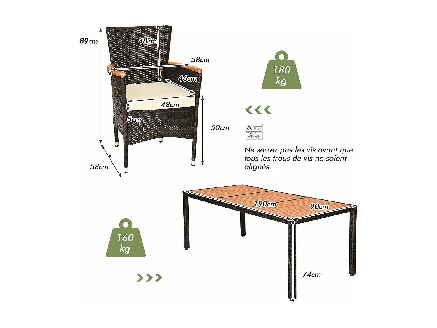Salon de Jardin en Rotin et fibre naturelle 9 Pièces pour 8 Personnes Plateau de Table en Acacia, Ensemble de Salle à Manger de Patio, Chaque Chaise Charge 180KG