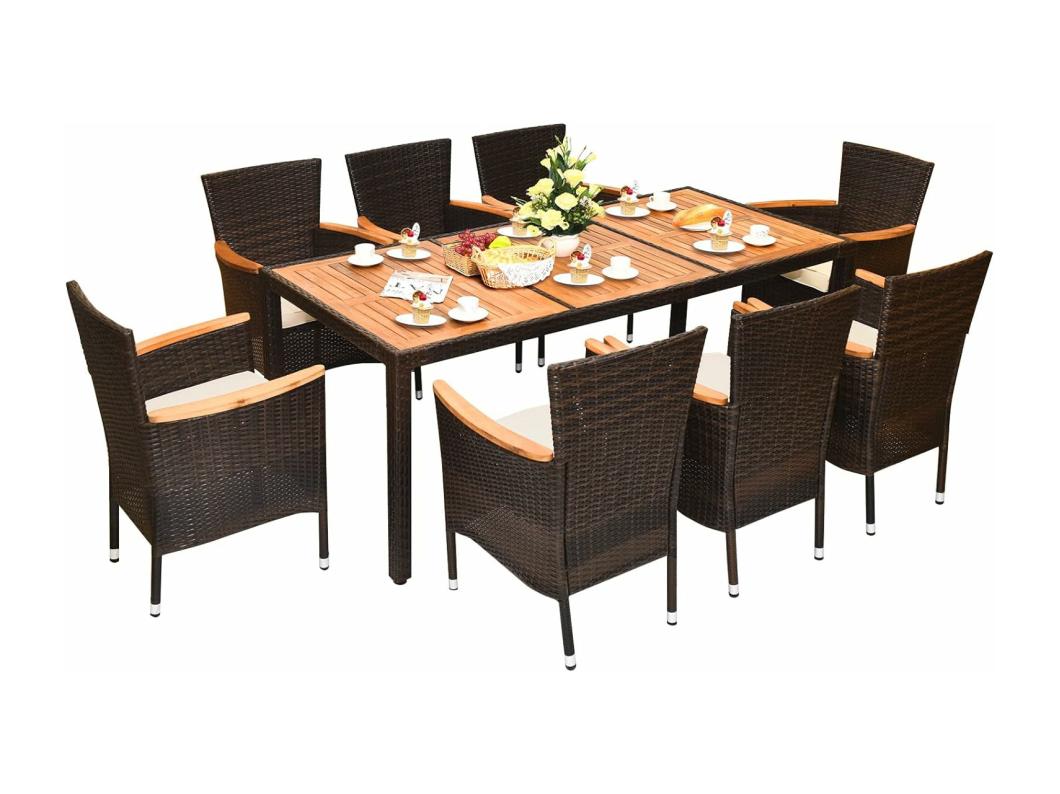 Salon de Jardin en Rotin et fibre naturelle 9 Pièces pour 8 Personnes Plateau de Table en Acacia, Ensemble de Salle à Manger de Patio, Chaque Chaise Charge 180KG