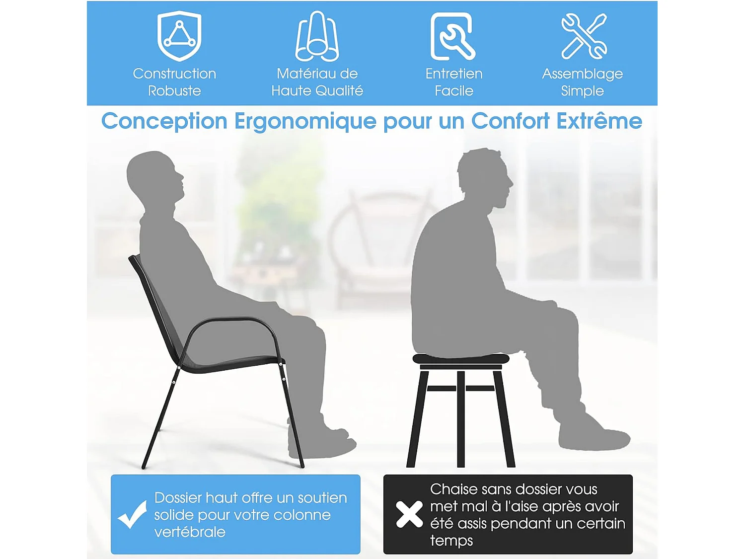 Ensemble de Jardin 3 Pièces, 2 Fauteuils Ergonomiques avec Table Basse en Verre Trempé, pour Jardin, Balcon, Terrasse, Cour
