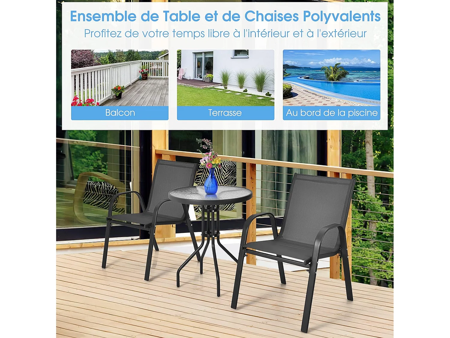 Ensemble de Jardin 3 Pièces, 2 Fauteuils Ergonomiques avec Table Basse en Verre Trempé, pour Jardin, Balcon, Terrasse, Cour