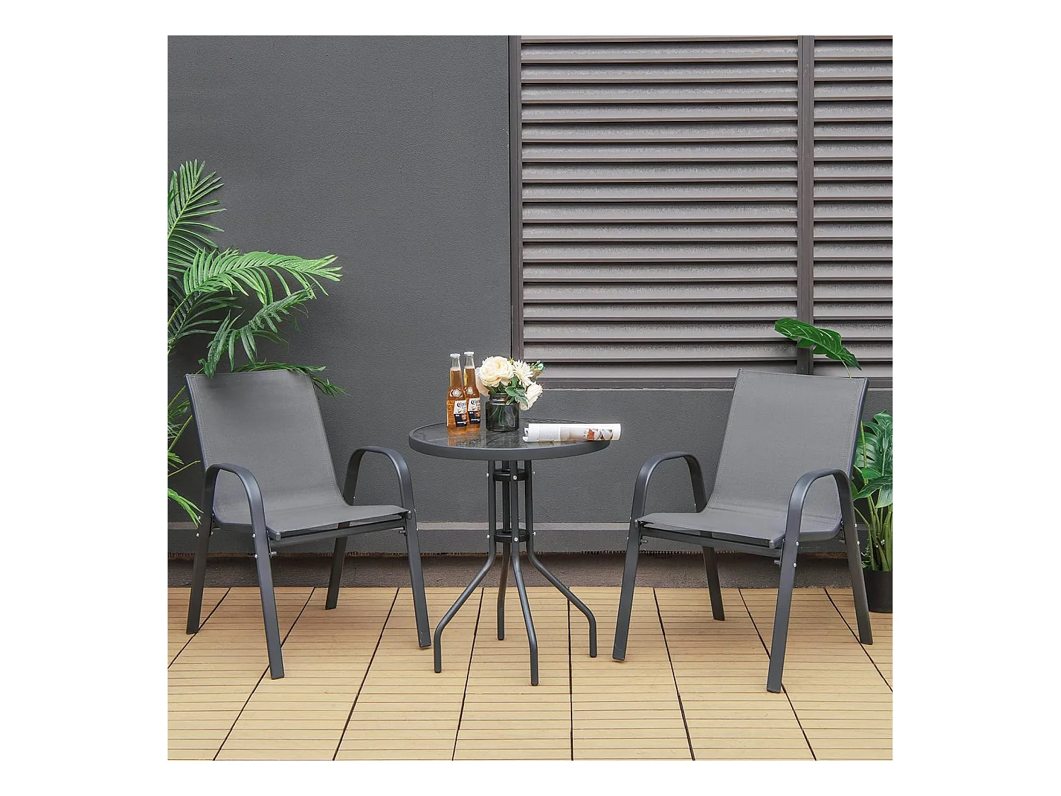 Ensemble de Jardin 3 Pièces, 2 Fauteuils Ergonomiques avec Table Basse en Verre Trempé, pour Jardin, Balcon, Terrasse, Cour