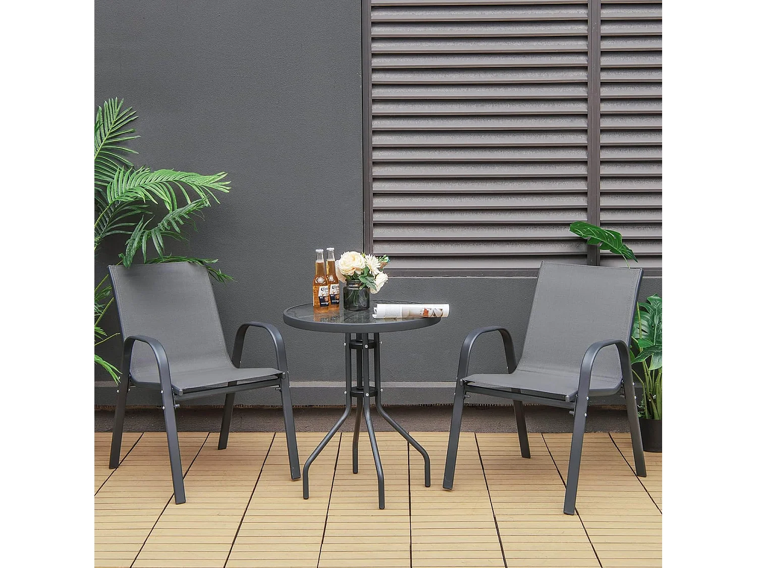 Ensemble de Jardin 3 Pièces, 2 Fauteuils Ergonomiques avec Table Basse en Verre Trempé, pour Jardin, Balcon, Terrasse, Cour