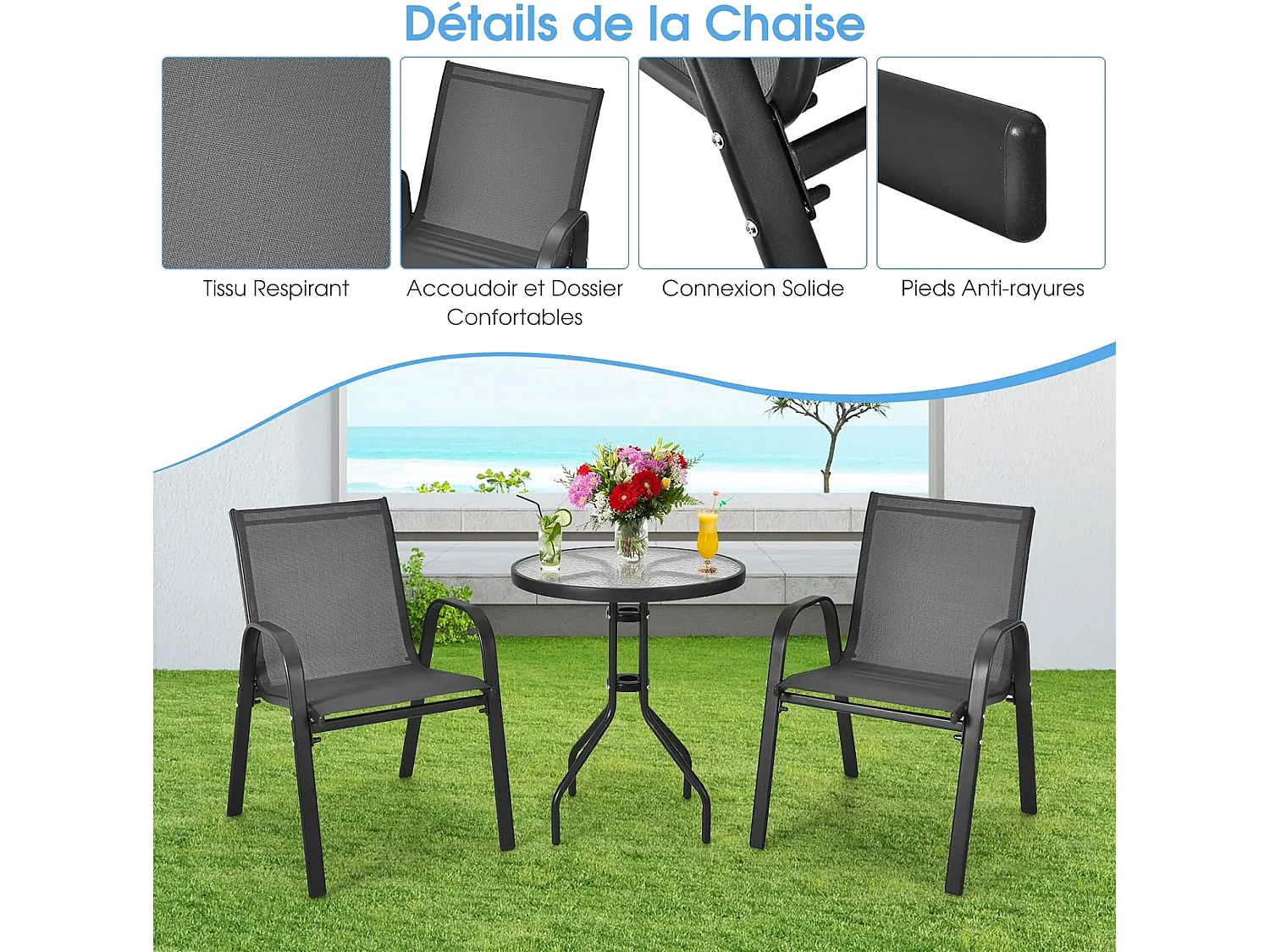 Ensemble de Jardin 3 Pièces, 2 Fauteuils Ergonomiques avec Table Basse en Verre Trempé, pour Jardin, Balcon, Terrasse, Cour