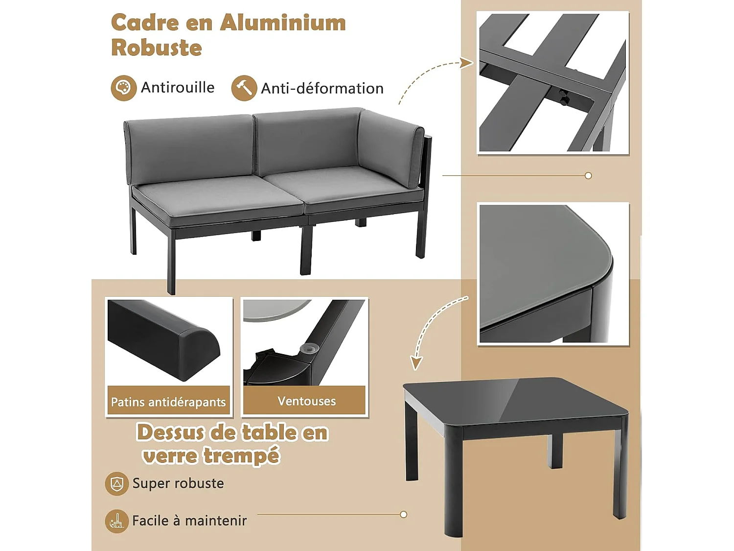 Salon de Jardin 5 Places en Aluminium 3 Pièces avec Dossier Inclinable à 6 Niveaux, Ensemble de Canapé de Patio Plateau de Table en Verre Trempé, Coussins de Siège et Dossier InclusGris